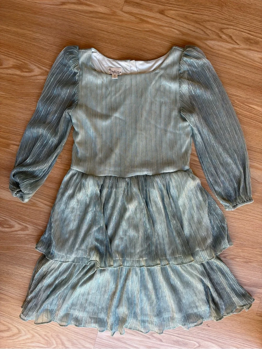 Puppy & Julie Kids Sage Green Metallic Tiered Dress